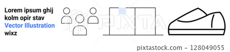 Lorem Ipsum text with three people icons, rectangular chart, and outlined shoe. Ideal for presentations, infographics, business reports, educational materials, marketing strategies, vector artworks 128049055