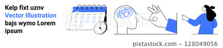 Calendar with clock, human head with brain and hand, person pointing. Ideal for business planning, mental health, productivity, scheduling, training, education. Banner for landing page 128049056