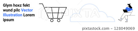 Shopping cart, cloud symbol, seated person working on laptop. Ideal for e-commerce, cloud services, remote work, online shopping, digital marketing, technology, telecommuting. Landing page 128049069