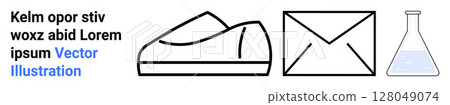 Shoe, envelope, flask with blue liquid, and text overlay in black, white, and blue. Ideal for website design, product illustration, education, science communication, e-commerce, advertising 128049074