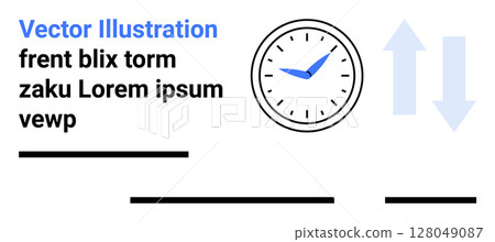 Clock with blue hands and arrows, accompanied by placeholder text and black lines. Ideal for business presentations, marketing materials, infographics, time management apps, educational content Clock with blue hands and arrows, accompanied by placeholder text and black lines. Ideal for business presentations, marketing materials, infographics, time management apps, educational content 128049087