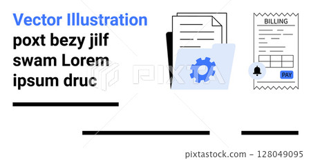 Documents, settings gear, and billing receipt with a pay button. Ideal for finance, office, business, accounting, budgeting, invoicing, data management Landing page Documents, settings gear, and billing receipt with a pay button. Ideal for finance, office, business, accounting, budgeting, invoicing, data management Landing page 128049095
