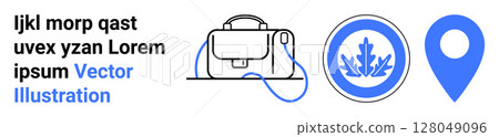 Stylized bag icon, circular badge with leaf symbol, map marker. Ideal for travel blogs, websites, landing pages, promotional materials, packaging design, mobile apps, social media. Landing page Stylized bag icon, circular badge with leaf symbol, map marker. Ideal for travel blogs, websites, landing pages, promotional materials, packaging design, mobile apps, social media. Landing page 128049096