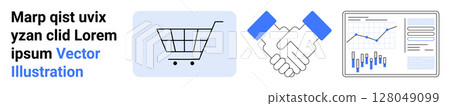 Shopping cart icon, handshake graphic, and data analysis chart. Ideal for eCommerce, partnerships, analytics, business growth, financial reports, market research, sales. Landing page 128049099