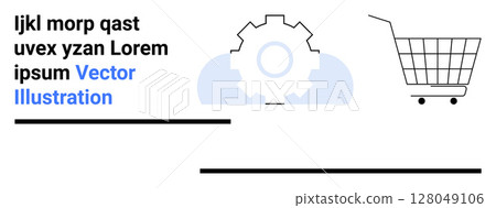 Gearwheel symbolizing settings or adjustments, accompanied by a shopping cart icon for e-commerce. Ideal for online shopping, digital marketing, technology, e-commerce solutions, website design 128049106