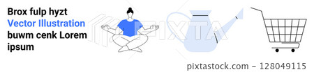 Meditating person, watering can, and shopping cart in minimalist style with blue accents. Ideal for wellness, gardening, e-commerce, minimalism, modern design. Banner for landing page Meditating person, watering can, and shopping cart in minimalist style with blue accents. Ideal for wellness, gardening, e-commerce, minimalism, modern design. Banner for landing page 128049115