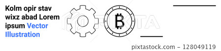 Gear symbol, Bitcoin coin with B icon inside circle, and placeholder text. Ideal for cryptocurrency concepts, technology promotion, digital finance, blockchain explanations, fintech startups, banking 128049119