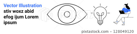 Eye symbol, lightbulb icon, and woman using a laptop in minimalist style. Ideal for creativity, innovation, vision, technology, learning, brainstorming, modern design. Landing page 128049120