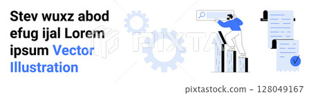Graphs, gears, and search elements signify analytics and data tracking. Ideal for business growth, project management, data analysis, strategy development, technology, productivity tools. Landing 128049167