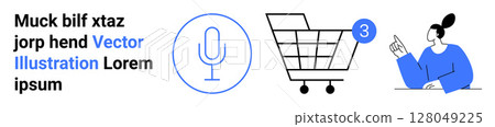Microphone icon, shopping cart with notification badge, and person making a gesture. Ideal for e-commerce, online shopping, customer interaction, notifications, technology, voice recognition, user Microphone icon, shopping cart with notification badge, and person making a gesture. Ideal for e-commerce, online shopping, customer interaction, notifications, technology, voice recognition, user 128049225