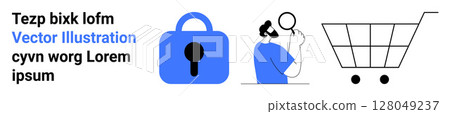 Lock icon symbolizing security, person examining with magnifying glass, and a shopping cart. Ideal for e-commerce, cybersecurity, online transactions, consumer behavior, research, retail analysis 128049237
