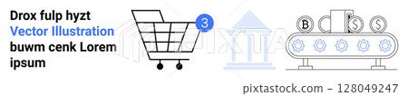 Shopping cart with three items, blue gear and bank icon, conveyor belt with currency symbols, and text. Ideal for e-commerce, automation, banking, shopping, finance, technology, modern business Shopping cart with three items, blue gear and bank icon, conveyor belt with currency symbols, and text. Ideal for e-commerce, automation, banking, shopping, finance, technology, modern business 128049247