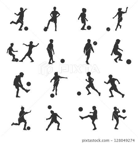 Kids playing soccer silhouette, Kids playing football silhouette 128049274