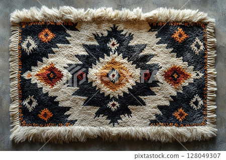 Handwoven rug texture with geometric print on a white background. Top view. Handwoven rug texture with geometric print on a white background. Top view. 128049307