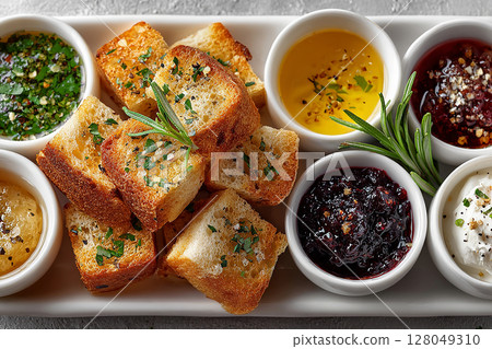 Gourmet breakfast. American buffet breakfast. Hotel Breakfast Styles. Top view of a tray of pieces of toasted bread on a plate and assorted spreads in small bowls on a white background. 128049310