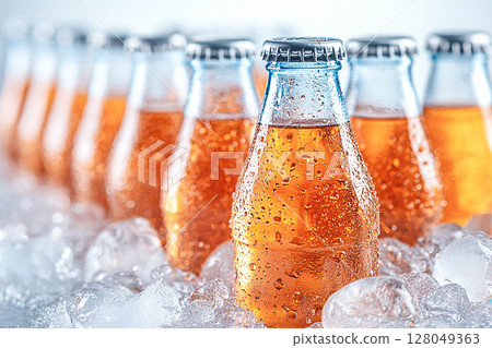 Summer lemonade. Retro cooler filled with glass soda bottles and ice. Retro style. Close-up. Summer lemonade. Retro cooler filled with glass soda bottles and ice. Retro style. Close-up. 128049363