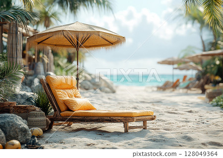 Summer memories. Umbrella and chairs set up on sand in beach of ocean. Summer memories. Umbrella and chairs set up on sand in beach of ocean. 128049364