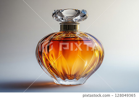 Perfume bottle with glossy on its glass surface, conveying elegance and sophistication. Ideal for high-end perfume advertisements. Perfume bottle with glossy on its glass surface, conveying elegance and sophistication. Ideal for high-end perfume advertisements. 128049365