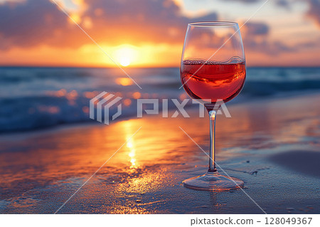 Gourmet experience in romantic evening. Summer vibe. Elegant Wine Glass filled with red wine. Mockup for wine industry branding. Gourmet experience in romantic evening. Summer vibe. Elegant Wine Glass filled with red wine. Mockup for wine industry branding. 128049367