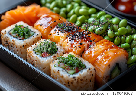 Homemade Bento lunch box. Japanese style bento box featuring sushi rolls, edamame, tamagoyaki and pickled vegetables. 128049368