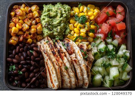 Taco inspired lunch box with black beans, guacamole, grilled chicken and corn tortillas. Mexican lunch box. 128049370
