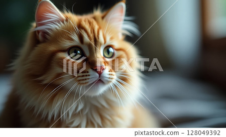 Striking Green Eyed Fluffy Cat Portrait 128049392
