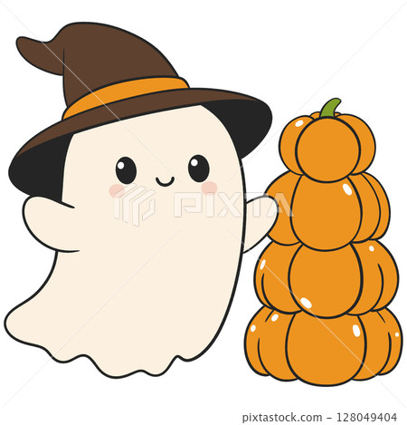 halloween cute ghost with a stack of pumpkins in flat cartoon style, playful design for october and fall themes 128049404