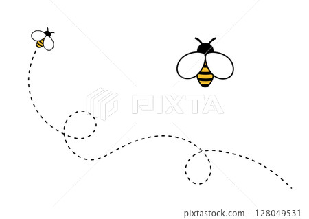 Bee on dotted route, bumblebee fly on line path, vector icon of yellow insect on a white background. 128049531