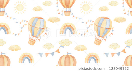 Seamless pattern with watercolor vintage hot air balloon with flags garland and rainbow. Hand drawn illustrations for children and baby in beige colors. 128049532