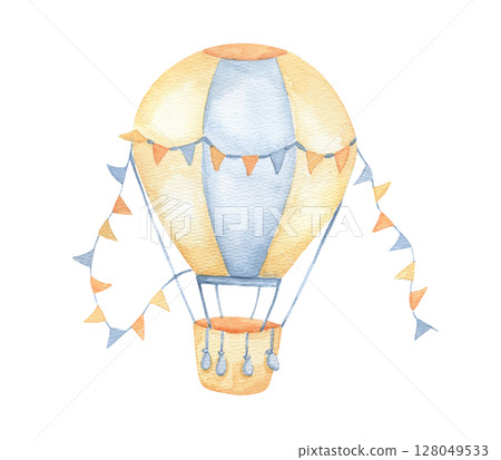 Watercolor vintage hot air balloon with flags garland. Hand drawn isolated illustration for children. Cute drawing 128049533