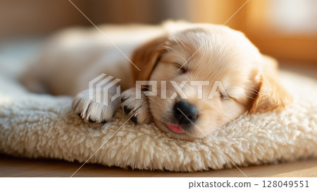 A puppy sleeping with its front legs dangling from a fluffy cushion | Warm indoor lighting 128049551