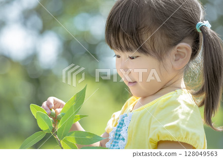 一個女孩在公園裡摘橡子 128049563