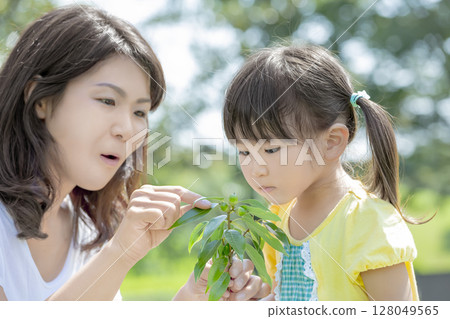Mother and daughter looking at acorns in the park 128049565
