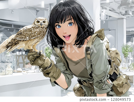 一位女士在貓頭鷹咖啡館與貓頭鷹玩耍的插畫素材 128049573