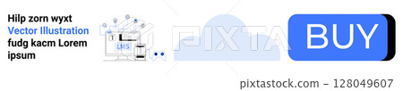 Devices connected to LMS, blue cloud symbol, large blue BUY button. Ideal for e-learning, online courses, cloud solutions, education services, digital purchase, tech services, modern learning Devices connected to LMS, blue cloud symbol, large blue BUY button. Ideal for e-learning, online courses, cloud solutions, education services, digital purchase, tech services, modern learning 128049607