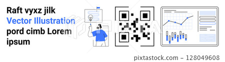 Text with QR code, person presenting idea, and analytics chart showing data trends. Ideal for business, tech, analytics, marketing, presentations, data visualization, digital communication. Landing Text with QR code, person presenting idea, and analytics chart showing data trends. Ideal for business, tech, analytics, marketing, presentations, data visualization, digital communication. Landing 128049608
