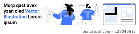 Two team members in blue attire pointing and discussing with a website interface on the right. Ideal for tech, web design, teamwork, presentation, strategy, development, concepts. Banner for landing 128049612