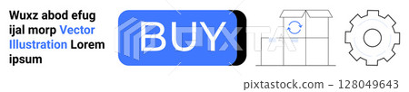 Blue BUY button, warehouse loading icon, gear icon. Ideal for e-commerce, online shopping, digital marketing, logistics, automation, technology, UX design. Landing page 128049643