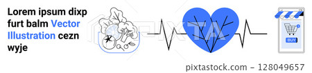 Doctor examining X-ray, blue heart with heartbeat line, and e-commerce store. Ideal for medical websites, e-commerce, telemedicine, health blogs, digital healthcare promotions, wellness apps, online Doctor examining X-ray, blue heart with heartbeat line, and e-commerce store. Ideal for medical websites, e-commerce, telemedicine, health blogs, digital healthcare promotions, wellness apps, online 128049657