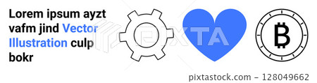Gear, blue heart, Bitcoin symbol, surrounded by placeholder text Lorem Ipsum. Ideal for technology, finance, cryptocurrency, blockchain, digital currency, innovation, web design Landing page Gear, blue heart, Bitcoin symbol, surrounded by placeholder text Lorem Ipsum. Ideal for technology, finance, cryptocurrency, blockchain, digital currency, innovation, web design Landing page 128049662