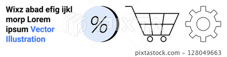 Blue percentage symbol, black shopping cart, and black gear. Ideal for e-commerce, retail, shopping, discount promotions, web development, user interface, and online marketing. Landing page Blue percentage symbol, black shopping cart, and black gear. Ideal for e-commerce, retail, shopping, discount promotions, web development, user interface, and online marketing. Landing page 128049663