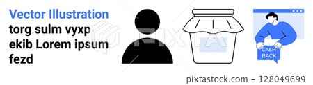 Person silhouette, jar with cover, and individual receiving cashback. Ideal for user accounts, e-commerce, financial services, blogs, social media, marketing, and customer loyalty programs. Landing Person silhouette, jar with cover, and individual receiving cashback. Ideal for user accounts, e-commerce, financial services, blogs, social media, marketing, and customer loyalty programs. Landing 128049699
