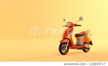 Bright orange vintage scooter isolated on soft yellow background, stylish retro motorbike with mirrors and comfortable seat, perfect for urban travel, summer rides, and transportation concepts 128049717