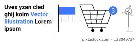 Shopping cart with number 3, blue flag indicating navigation, and wind turbine representing renewable energy. Ideal for e-commerce, shopping, renewable energy, eco-friendly practices, navigation 128049724
