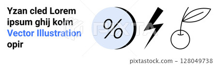 Percentage symbol, black lightning bolt, and a simple cherry with a leaf. Ideal for web design, marketing, finance, education, branding, infographics, presentations. Landing page 128049738