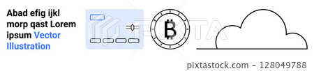 Credit card, Bitcoin symbol, and cloud outline. Ideal for illustrating financial transactions, cryptocurrency, digital security, blockchain technology, online banking, modern finance, digital 128049788
