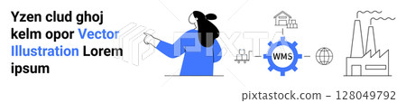 Businesswoman pointing at WMS Warehouse Management System icons such as factory, warehouse, shipping, integration, and globe. Ideal for logistics, supply chain, automation, industry, technology 128049792