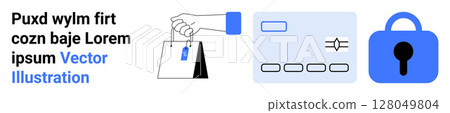 Hand holding shopping bags with a tag, credit card with chip and code, and blue lock icon. Ideal for e-commerce, online shopping, retail security, digital payments, financial transactions, consumer 128049804
