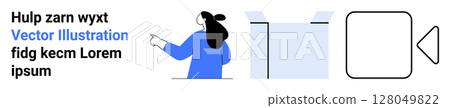 Person gesturing to the left, accompanied by an open box, and a video camera icon. Ideal for business, marketing, technology, educational, creative, digital media, and communication themes. Banner 128049822