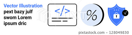 Coding tag in blue, percentage symbol, and lock on shield symbol in blue. Ideal for web development, coding, programming, finance, data security, cybersecurity, tech blogs, and educational content Coding tag in blue, percentage symbol, and lock on shield symbol in blue. Ideal for web development, coding, programming, finance, data security, cybersecurity, tech blogs, and educational content 128049830